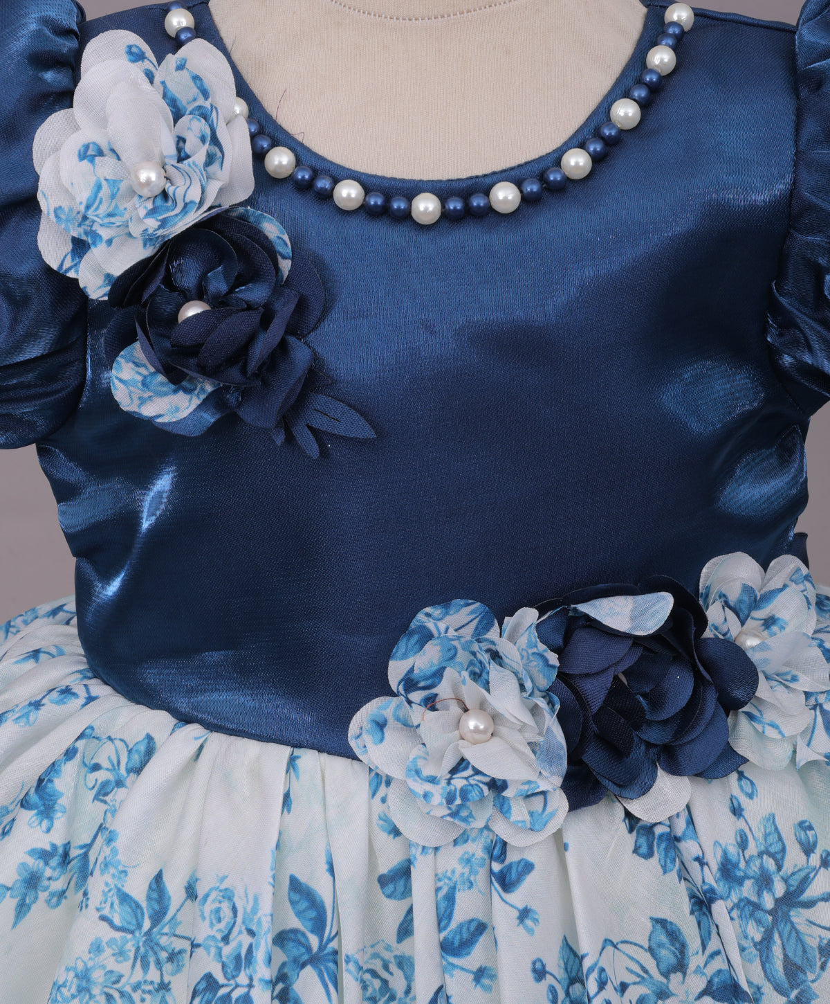 Enfance Half Sleeves Floral & Pearl Embellishment Fit & Flared Party Frock - Navy
