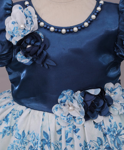 Enfance Half Sleeves Floral & Pearl Embellishment Fit & Flared Party Frock - Navy