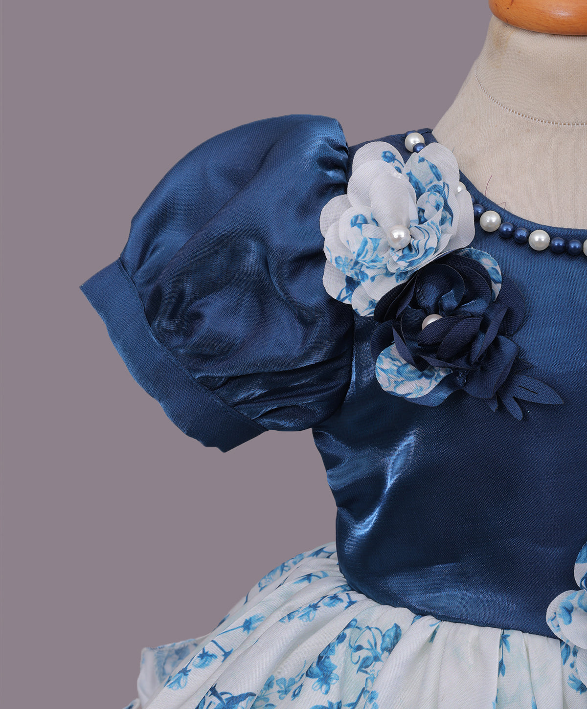 Enfance Half Sleeves Floral & Pearl Embellishment Fit & Flared Party Frock - Navy