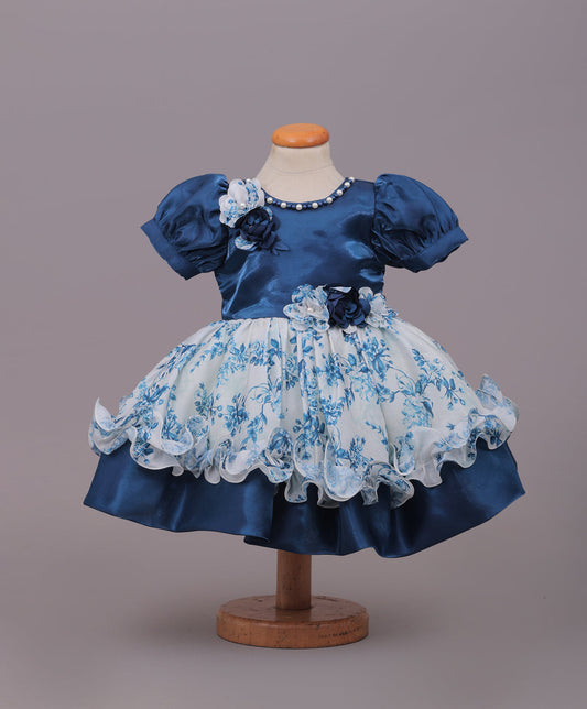 Enfance Half Sleeves Floral & Pearl Embellishment Fit & Flared Party Frock - Navy