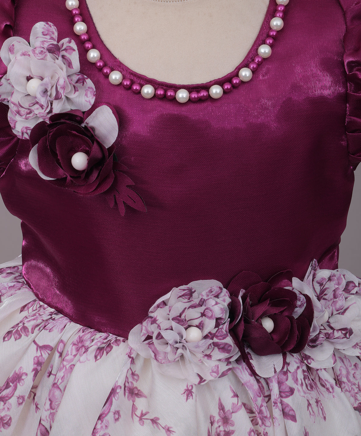 Enfance Half Sleeves Floral & Pearl Embellishment Fit & Flared Party Frock - Wine
