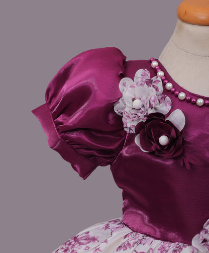 Enfance Half Sleeves Floral & Pearl Embellishment Fit & Flared Party Frock - Wine