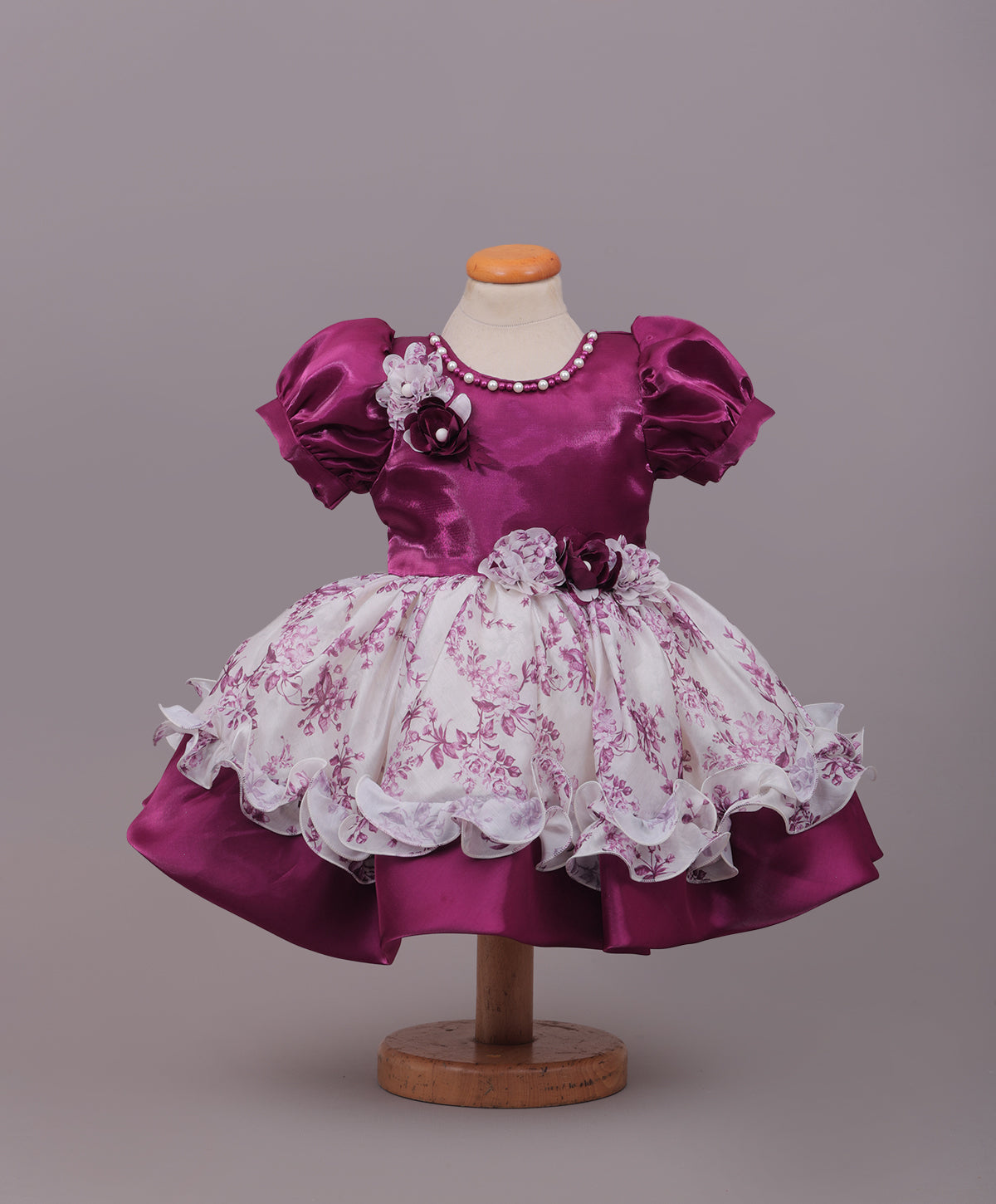 Enfance Half Sleeves Floral & Pearl Embellishment Fit & Flared Party Frock - Wine