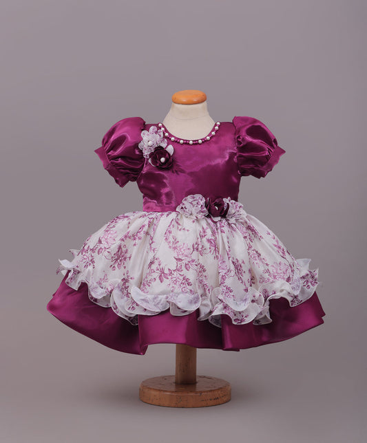 Enfance Half Sleeves Floral & Pearl Embellishment Fit & Flared Party Frock - Wine
