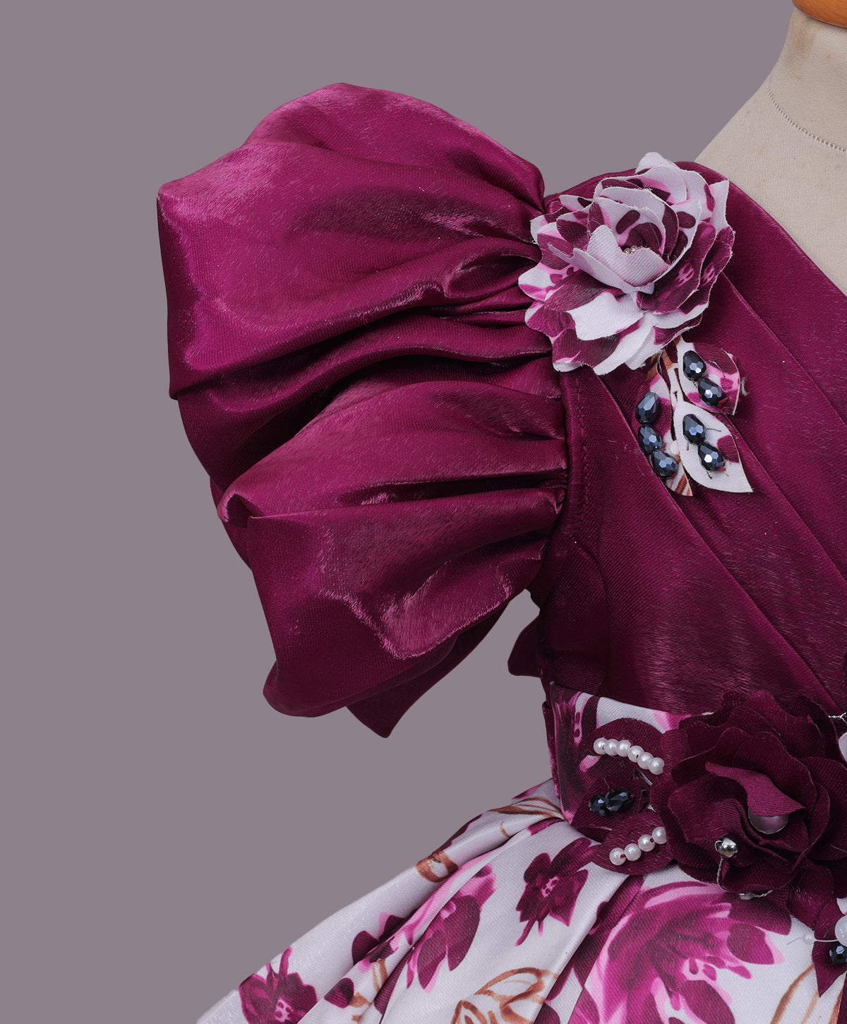Enfance Balloon Sleeves Shimmered Synthetic Flared Dress - Wine