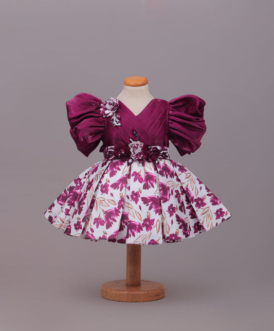 Enfance Balloon Sleeves Shimmered Synthetic Flared Dress - Wine