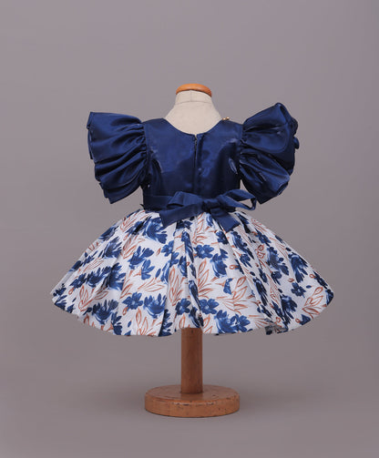 Enfance Balloon Sleeves Shimmered Synthetic Flared Dress - P.Blue