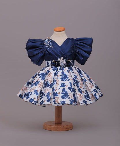 Enfance Balloon Sleeves Shimmered Synthetic Flared Dress - P.Blue