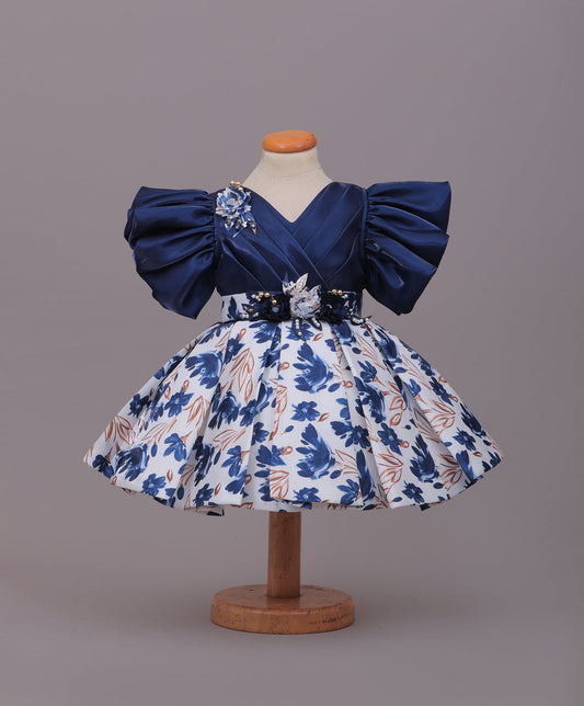 Enfance Balloon Sleeves Shimmered Synthetic Flared Dress - P.Blue