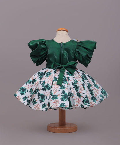 Enfance Balloon Sleeves Shimmered Synthetic Flared Dress - B.Green