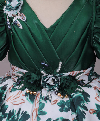 Enfance Balloon Sleeves Shimmered Synthetic Flared Dress - B.Green