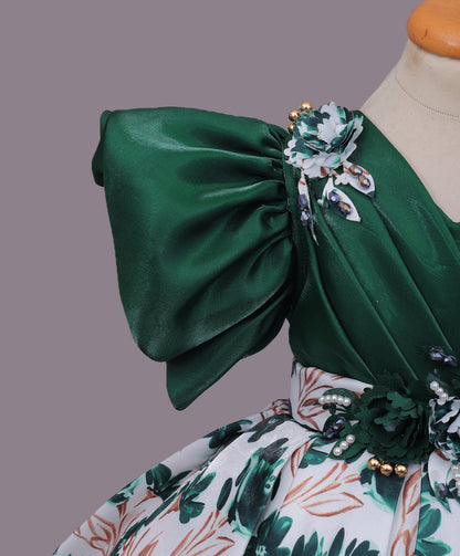 Enfance Balloon Sleeves Shimmered Synthetic Flared Dress - B.Green