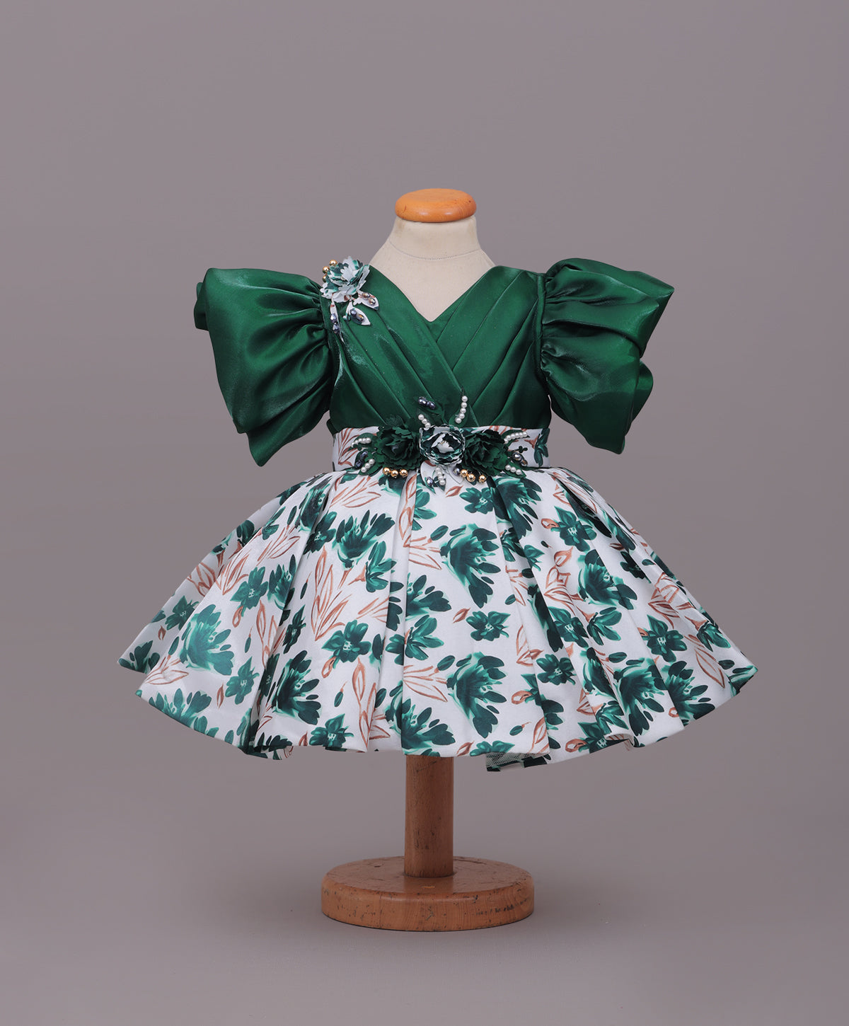 Enfance Balloon Sleeves Shimmered Synthetic Flared Dress - B.Green