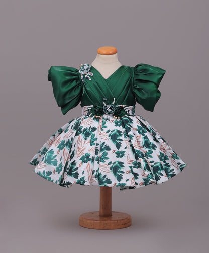 Enfance Balloon Sleeves Shimmered Synthetic Flared Dress - B.Green