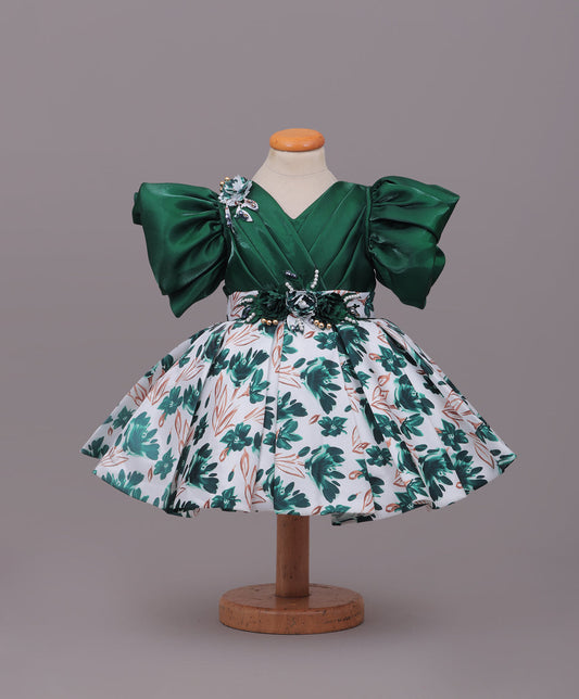 Enfance Balloon Sleeves Shimmered Synthetic Flared Dress - B.Green