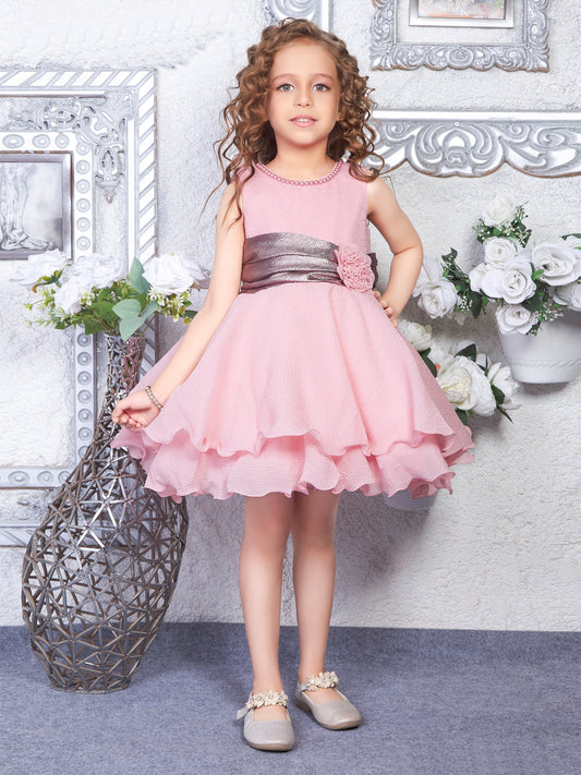 Enfance Sleeveless Floral & Pearl Embellishment Fit & Flared Party Frock - Onion Pink