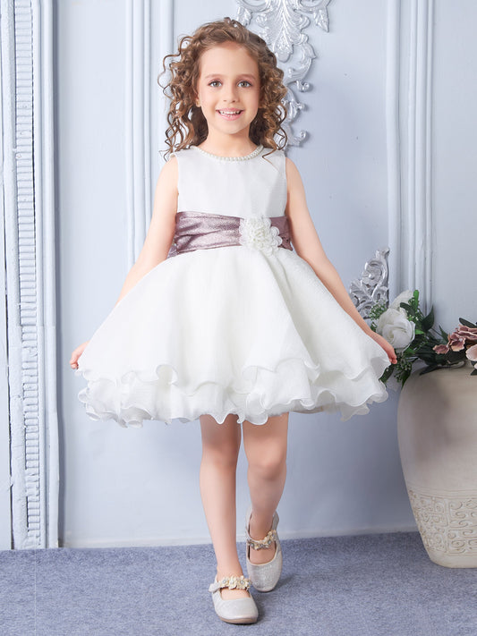 Enfance Sleeveless Floral & Pearl Embellishment Fit & Flared Party Frock - White