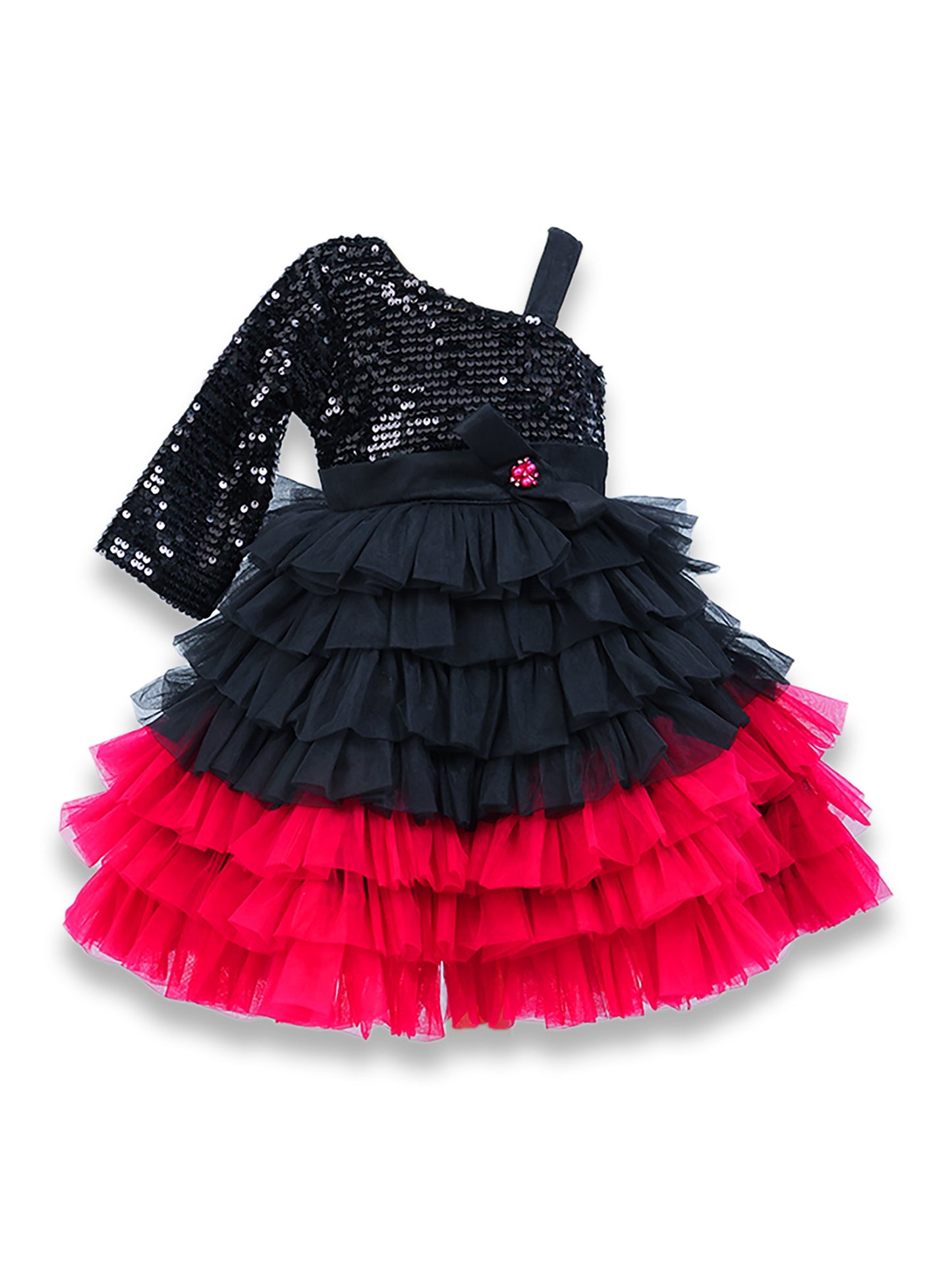 Enfance One Sleeves Sequins Embellished Layered Party Net Dress - Black