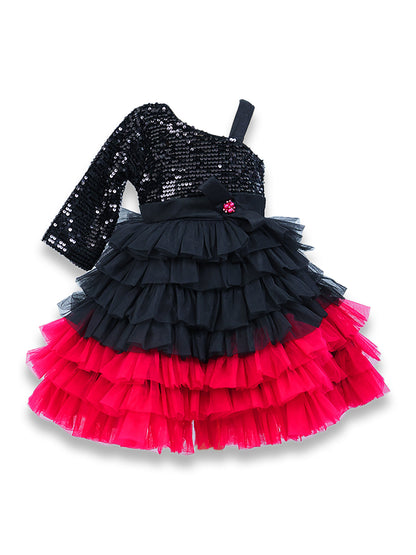 Enfance One Sleeves Sequins Embellished Layered Party Net Dress - Black