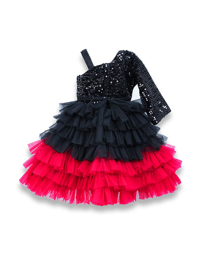 Enfance One Sleeves Sequins Embellished Layered Party Net Dress - Black