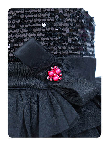 Enfance One Sleeves Sequins Embellished Layered Party Net Dress - Black