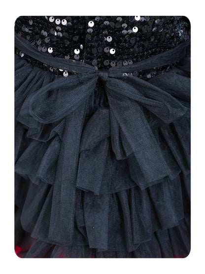 Enfance One Sleeves Sequins Embellished Layered Party Net Dress - Black