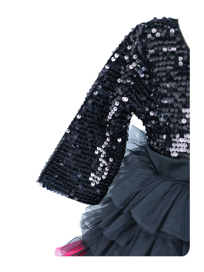 Enfance One Sleeves Sequins Embellished Layered Party Net Dress - Black