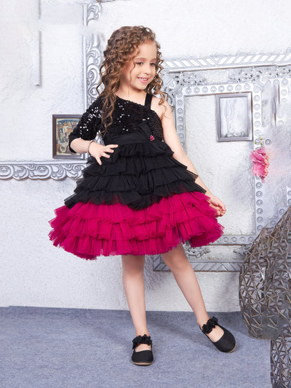 Enfance One Sleeves Sequins Embellished Layered Party Net Dress - Black