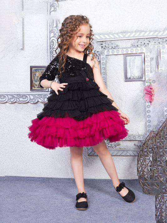 Enfance One Sleeves Sequins Embellished Layered Party Net Dress - Black