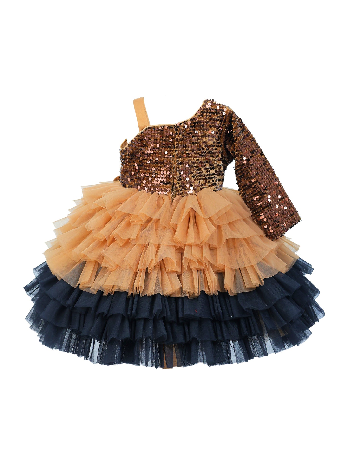 Enfance One Sleeves Sequins Embellished Layered Party Net Dress - Brown