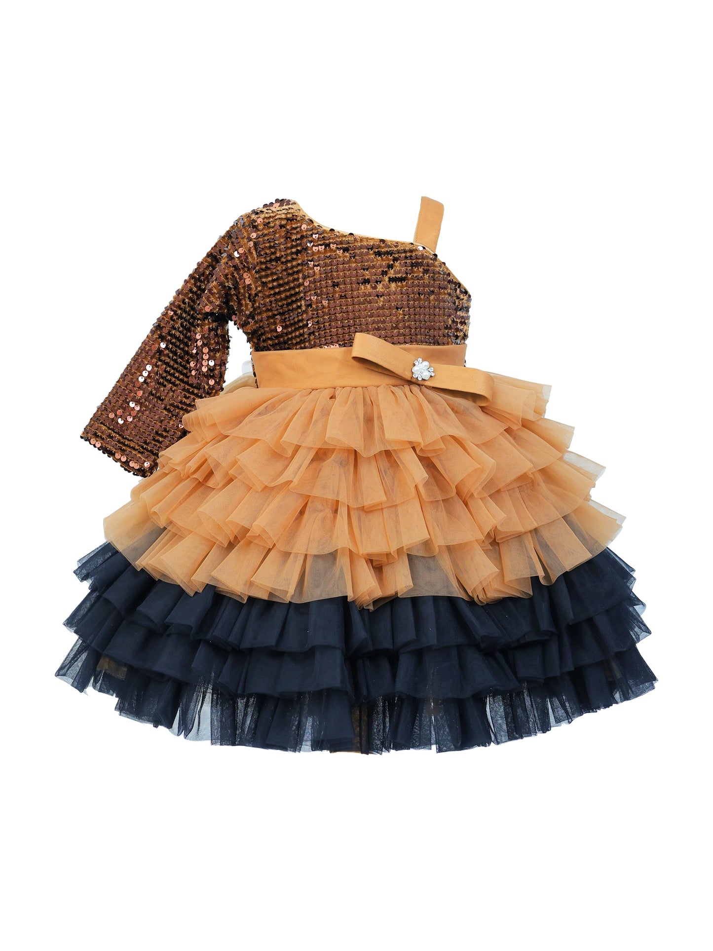 Enfance One Sleeves Sequins Embellished Layered Party Net Dress - Brown