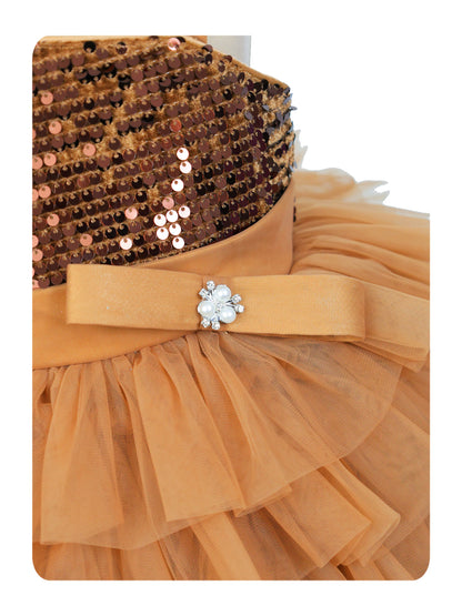 Enfance One Sleeves Sequins Embellished Layered Party Net Dress - Brown