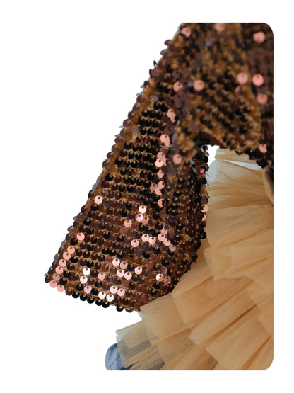 Enfance One Sleeves Sequins Embellished Layered Party Net Dress - Brown