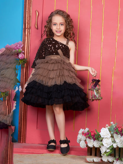 Enfance One Sleeves Sequins Embellished Layered Party Net Dress - Brown