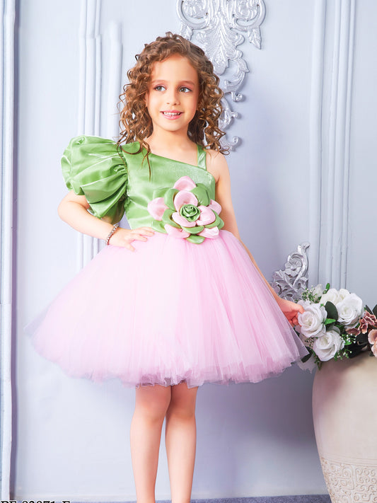 Enfance Sleeveless Floral Detailed Flare Net Party Dress - Green
