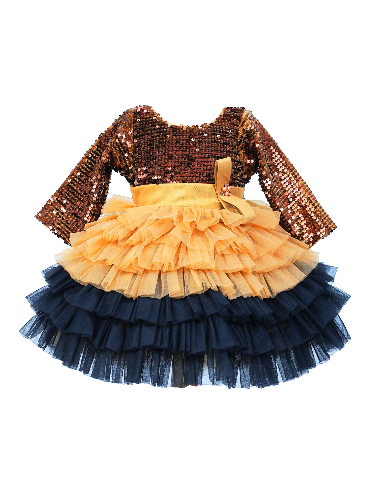 Enfance Three Fourth Sleeves Sequins Embellished Layered Party Net Dress - Fawn