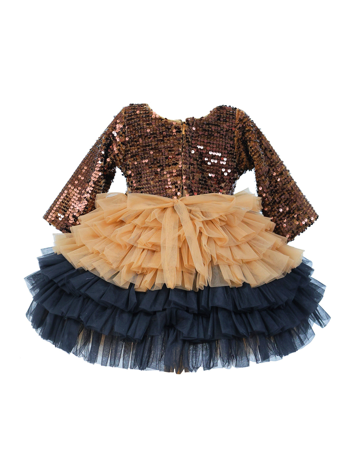 Enfance Three Fourth Sleeves Sequins Embellished Layered Party Net Dress - Fawn
