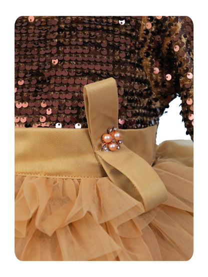 Enfance Three Fourth Sleeves Sequins Embellished Layered Party Net Dress - Fawn