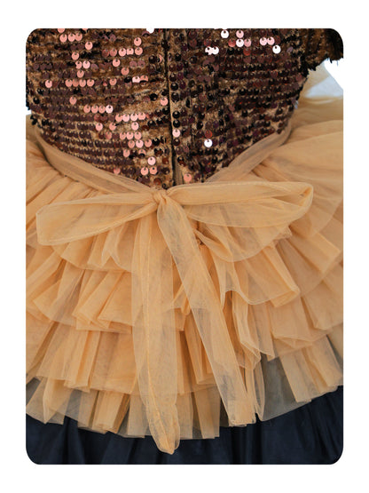 Enfance Three Fourth Sleeves Sequins Embellished Layered Party Net Dress - Fawn