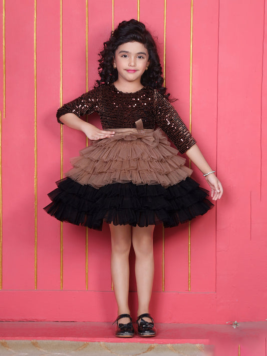 Enfance Three Fourth Sleeves Sequins Embellished Layered Party Net Dress - Fawn