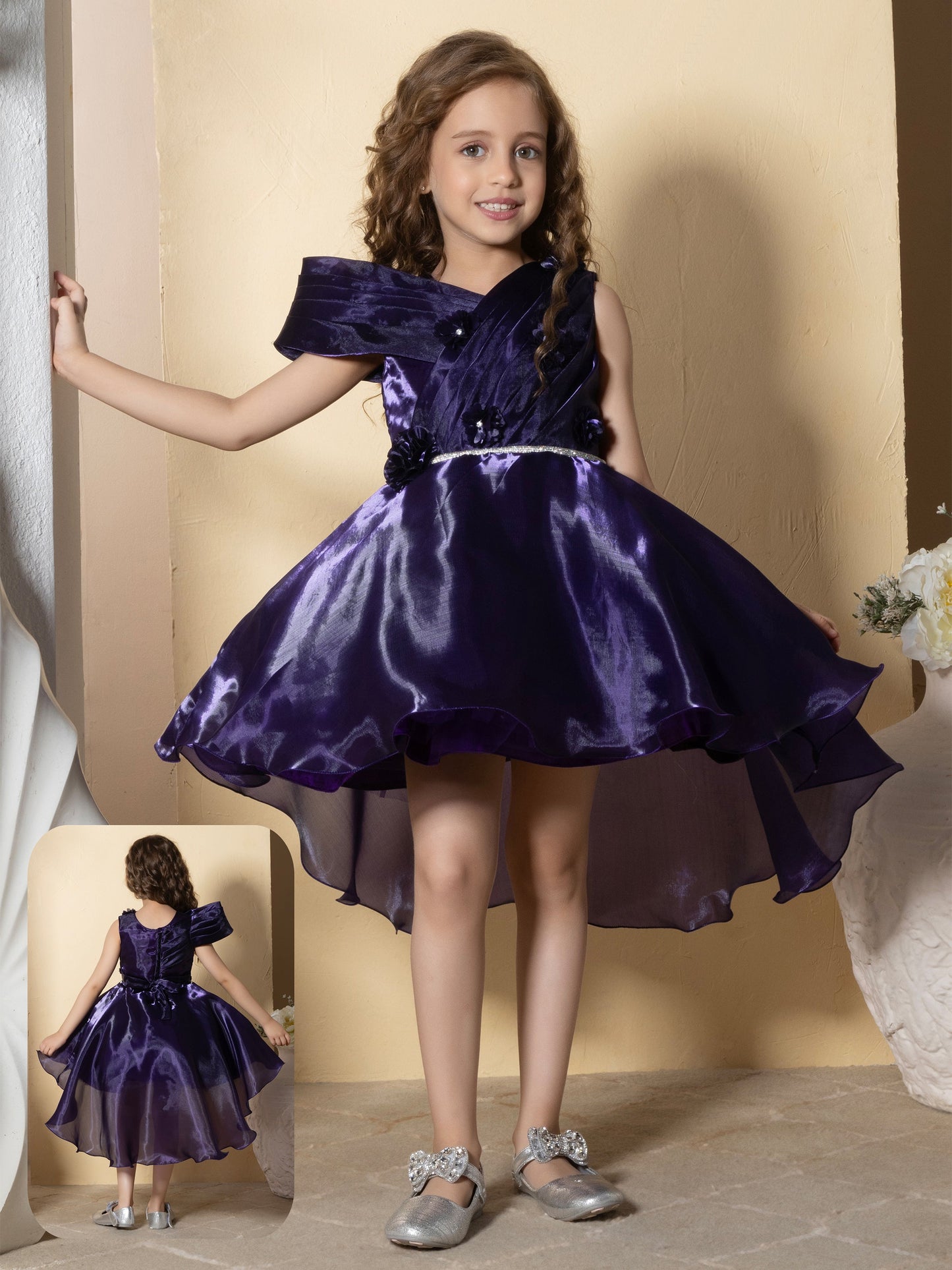 Enfance One Shoulder Sleeve Fit and Flare Pleated Dress -Wine