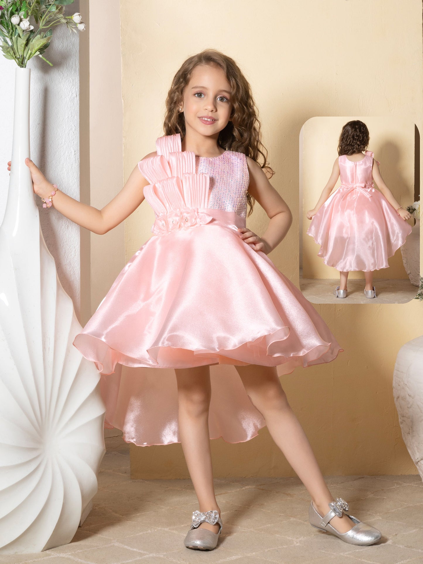 Enfance Sleeveless Floral Applique Flared Dress - Peach