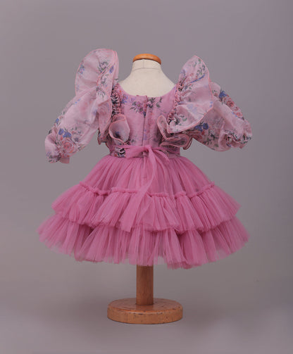Enfance Balloon Sleeves Flower Applique Shimmered Layered Net Dress - Onion Pink