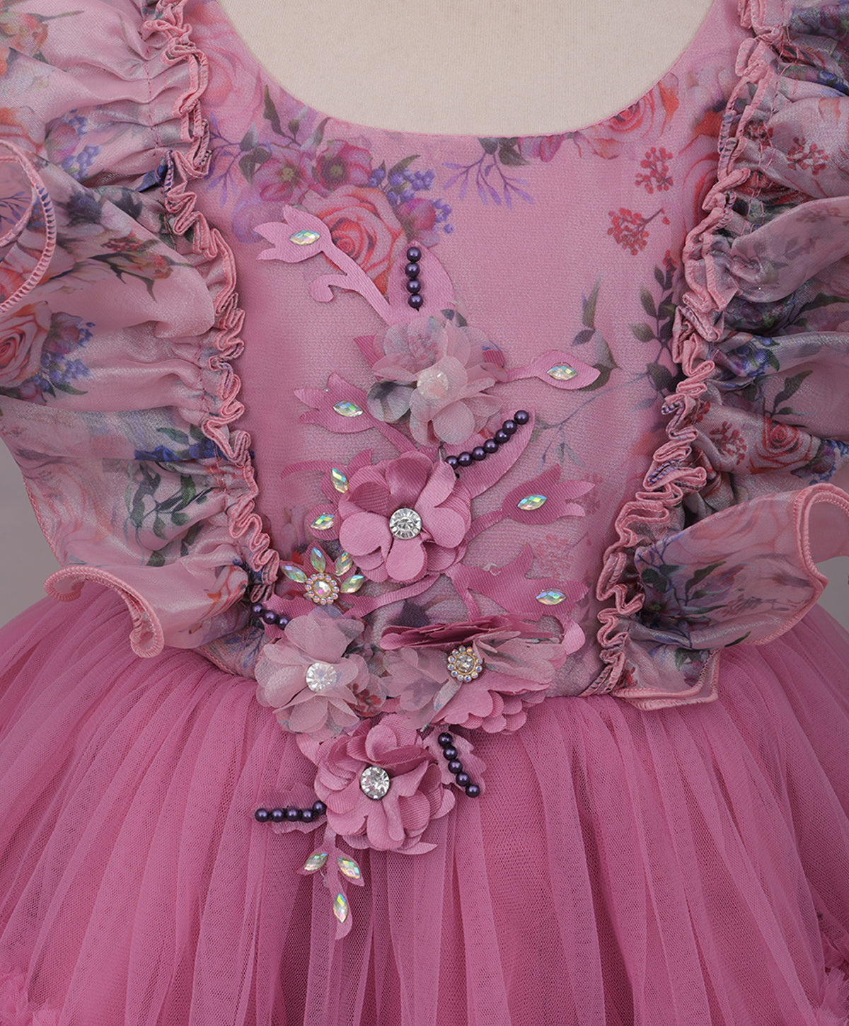 Enfance Balloon Sleeves Flower Applique Shimmered Layered Net Dress - Onion Pink