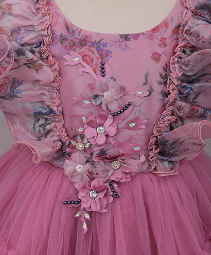 Enfance Balloon Sleeves Flower Applique Shimmered Layered Net Dress - Onion Pink