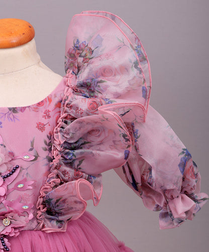 Enfance Balloon Sleeves Flower Applique Shimmered Layered Net Dress - Onion Pink
