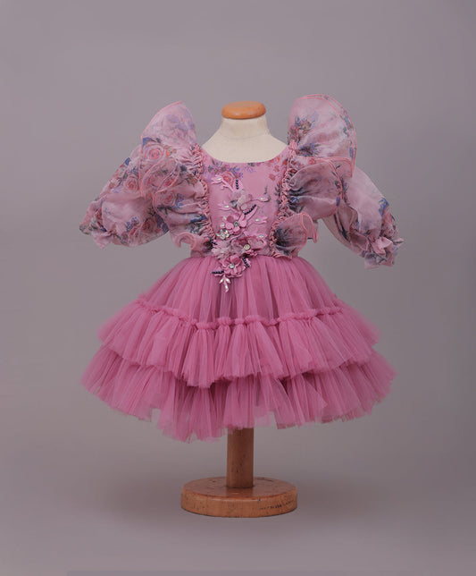 Enfance Balloon Sleeves Flower Applique Shimmered Layered Net Dress - Onion Pink