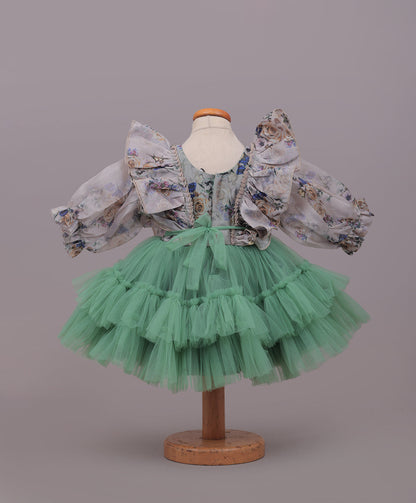 Enfance Balloon Sleeves Flower Applique Shimmered Layered Net Dress - Mehndi