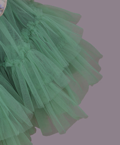 Enfance Balloon Sleeves Flower Applique Shimmered Layered Net Dress - Mehndi