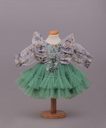 Enfance Balloon Sleeves Flower Applique Shimmered Layered Net Dress - Mehndi